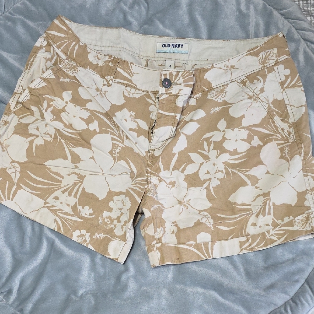 Old Navy Tan and White Floral Bermuda Shorts